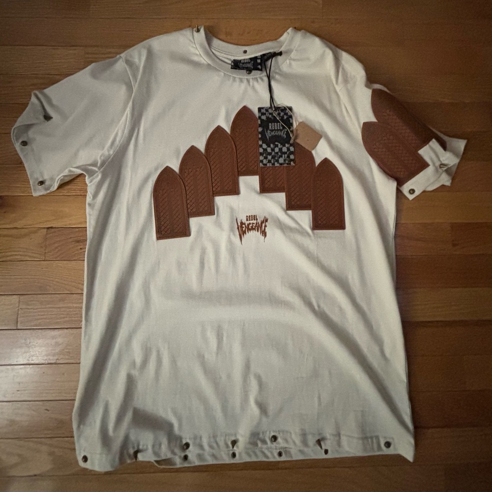 White Tee with Brown Leather Patch Details